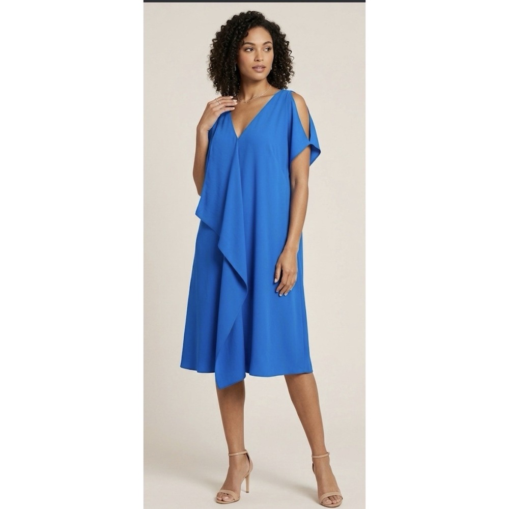 Adrianna Papell Cold Shoulder Asymmetrical Drape Dress Ocean Blue Size 16W